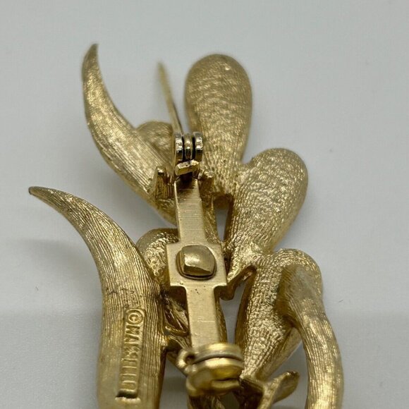 Mamselle Floral Brooch Faux Pearl Freesia Gold-Tone Leaf Finish Vintage Jewelry - Picture 7 of 10